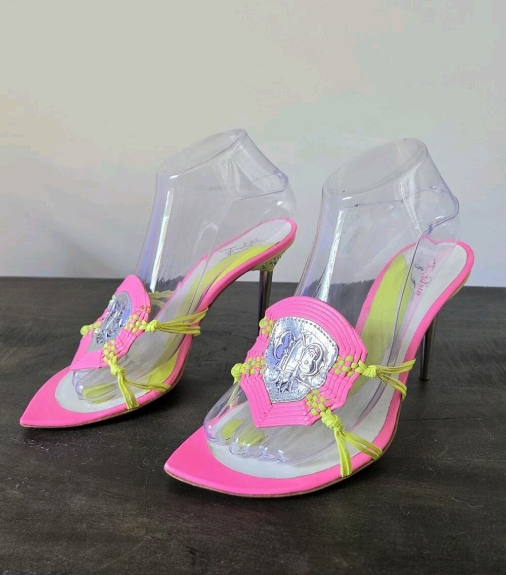 Emilio Pucci Leather Neon Monogram Medallion Stiletto Heel Mules Italy Size 38.5